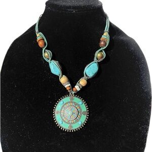 Lucky Brand Turquoise and Brown Beaded teal round pendant Necklace 25”